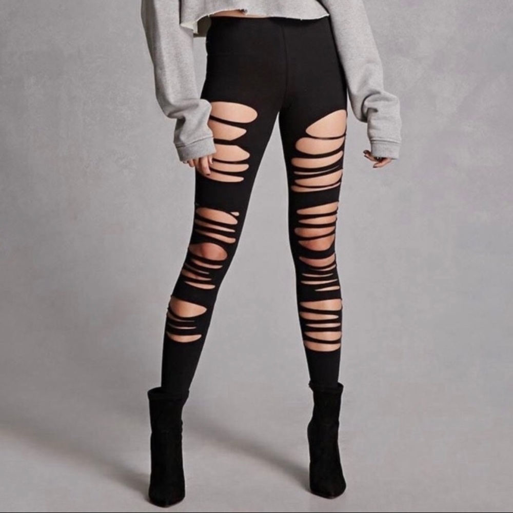 Nasty Gal High Waisted Shredded Black Leggings Ripped NWT - Picture 4 of 14
